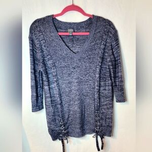 Gray V-Neck Sweater with Lace-Up Detail